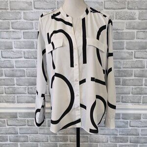 Calvin Klein Logo Blouse Top White Black Classic Button Front Large Flowy Relax